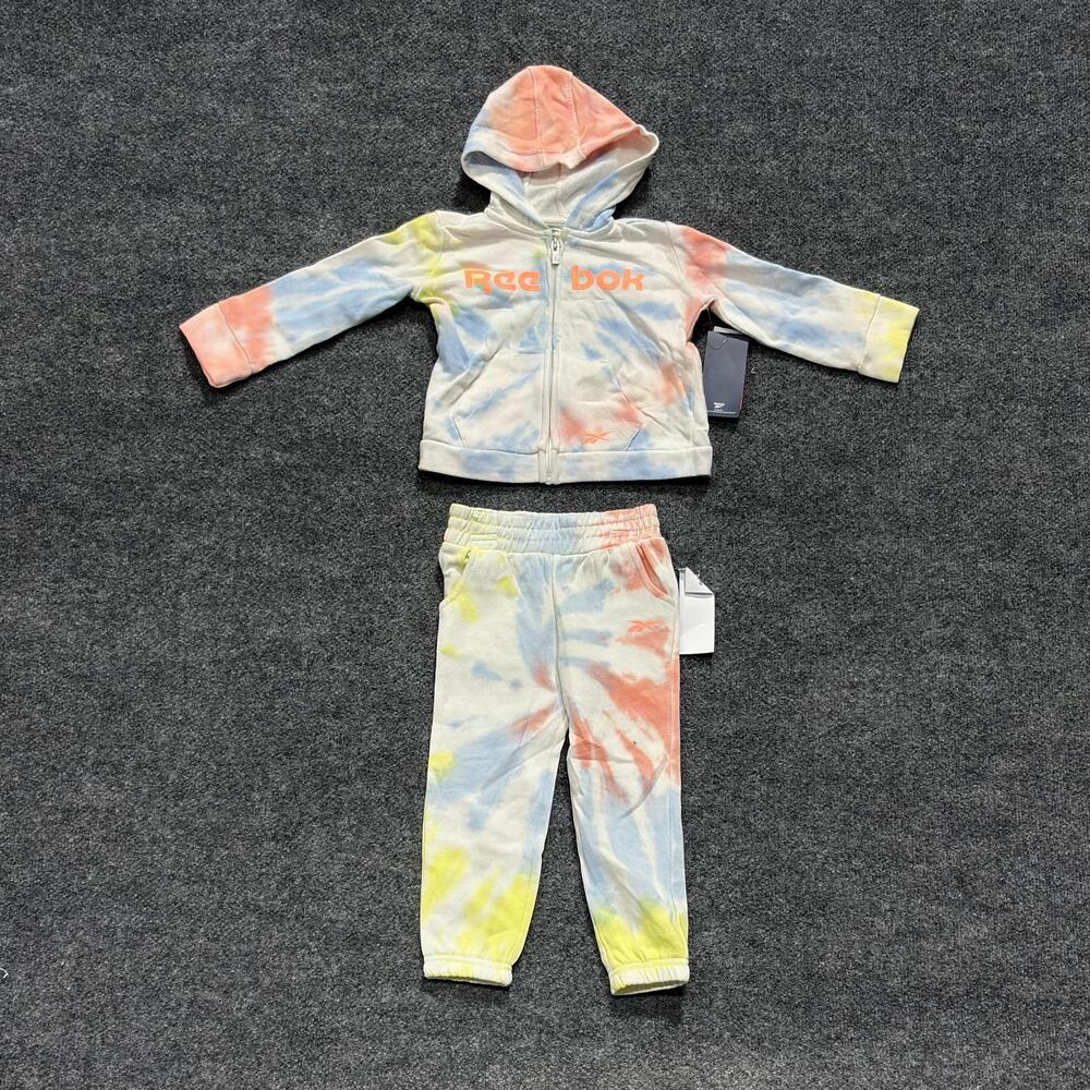 Reebok 2 Piece Hoodie Pants Set Girls 2T Neon Swiral Melon Tie Dye Fleece Outfit